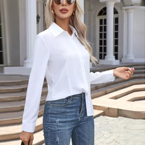 Damen Button Down Shirt Top Bluse Langarm Kragen Einfarbig Büro Arbeit Kleid - Bild 21 von 29