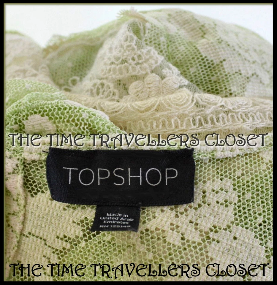 TOPSHOP BLUSA TOP TOPSHOP VERDE TRANSPARENTE BLANCO ENCAJE FLORAL RECORTADO OJO DE CERRADURA BOTÓN UK10 Foto 4 de 4