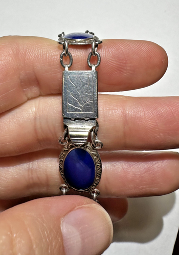 Reale Blu Smalto Ovale 15.7g Collegamento Argento 7 " Vintage Bracciale - Foto 3 di 5