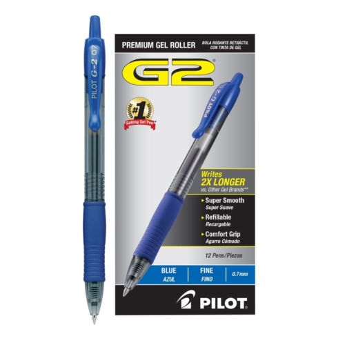 Pilot G-2 Retractable Gel Pens, Fine Point, 0.7 mm, Blue Ink 12-PK FREE SHIPPING - Picture 1 of 4