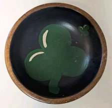 Vtg 1940s Hand Turned Hand Painted Wood Bowl Primitive Clover Shamrocks Signed
