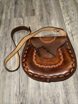 Lucky Brand Leather Saddle Bag Purse Brown Braided Hippie Chic BOHO RARE