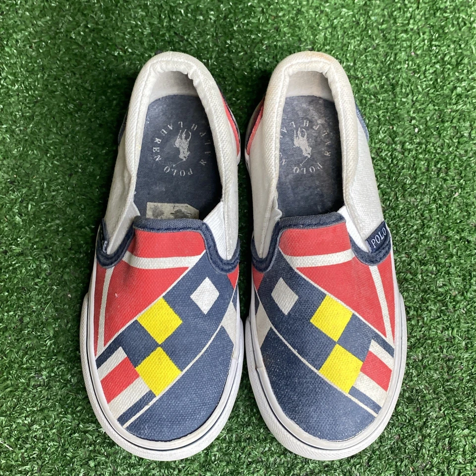 Polo Ralph Lauren Landyn Zapatos Niños Talla 8.5 Niños Rojo Azul Blanco Lona Sin Cordones Foto 3 de 4