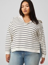 Torrid Sweatshirt 2X Striped V-Neck Pullover Fleece Ivory Navy Blue