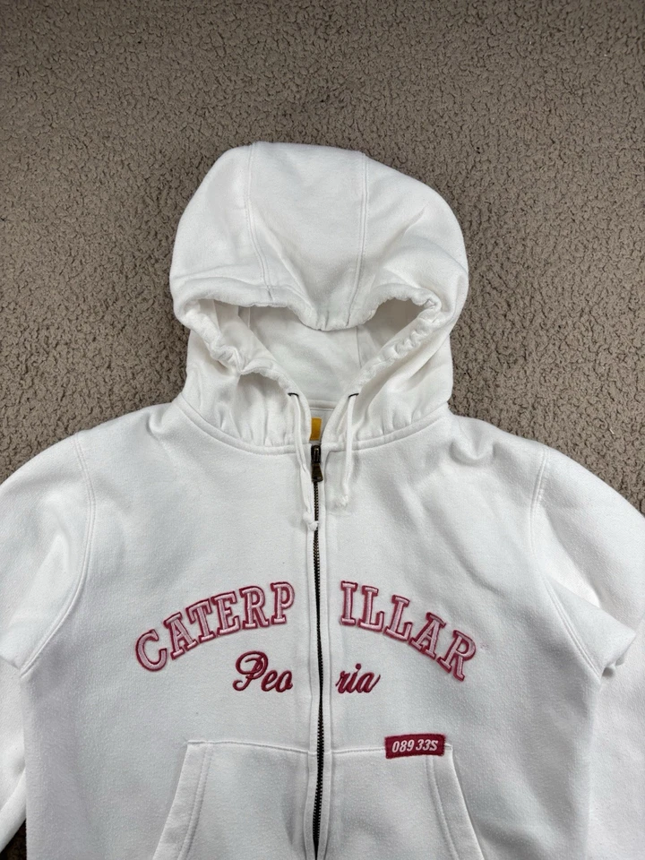 Sudadera con capucha CAT Caterpillar con cremallera para mujer talla 10 blanca deletreada bordada Y2K Foto 2 de 4