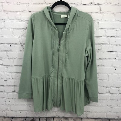 LOGO Lori Goldstein Top Womens 1X Green Full Zip Long Sleeve Shacket Peplum Hood