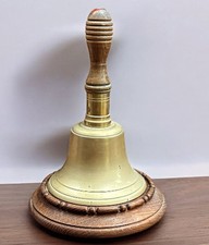 Victorian Brass School Bell On Wooden Stand.