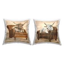 Country Cattle Long Horns on Chairs Design by Ethan Harper 2 Pillows, 18 x 18...