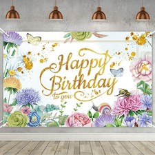 Pink Flower Bush Garden Birthday Photography Background Banner for Women's Party
