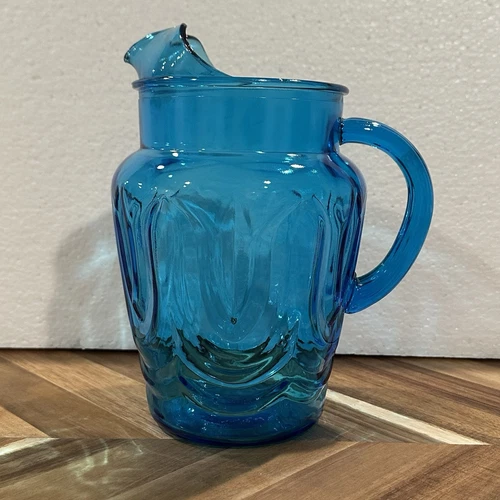Vintage Anchor Hocking Colonial Tulip Embossed Laser Blue Glass Pitcher -Ice Lip
