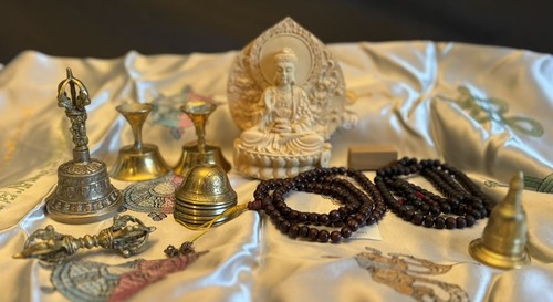 Tibetan Buddhist Item Lot Dorje Bell Offering Bowls Stupa Lamps Buddha Statue