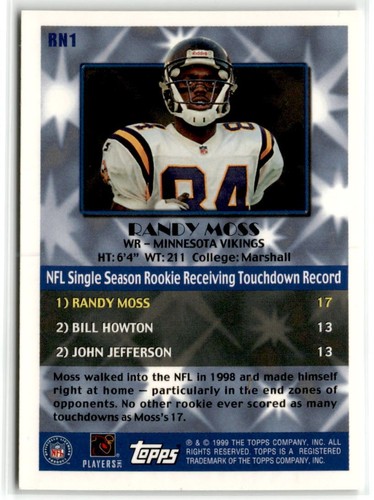 Randy Moss Minnesota Vikings 1999 Topps numeri record argento #RN1 FOIL ERROR - Foto 2 di 2