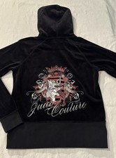 Juicy Couture Y2k Black Velour Hooded Zip Jacket Crest Scottie Dog rhinestone XL