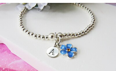 925 Sterling Silber Blau Vergissmein Knoten Initiale Charm Stretch Stapelarmband