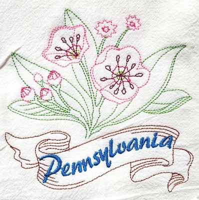 STATE FLOWER-PENNSYLVANIA-MOUNTAIN LAUREL MACH.EMBROIDERED FLOUR SACK DISH TOWEL