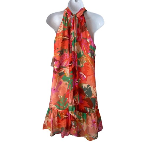 1. State Neckholder Minikleid Blattmuster Rüschensaum Tropical Art Deco Frühling M - Bild 7 von 12