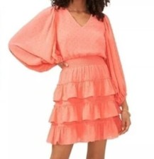 Vince Camuto Dress Size Small Cameo Coral Dotted Swiss Tiered Lined V-Neck FU226