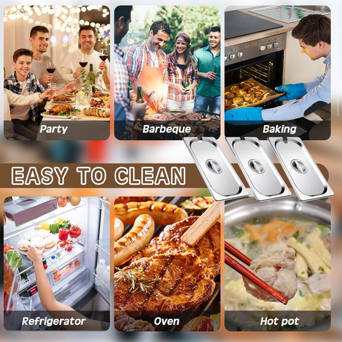 6 Pack 1/3 Steam Table Pan Covers Stainless Steel Hotel Pan Lid with Handle New - Picture 6 of 12