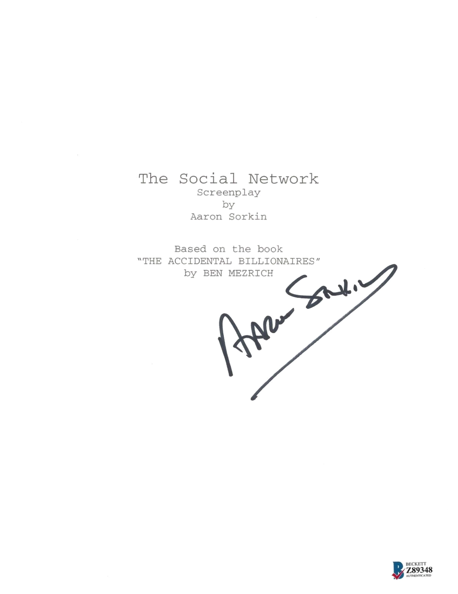WRITER AARON SORKIN SIGNED THE SOCIAL NETWORK FULL MOVIE SCRIPT BECKETT  FACEBOOK