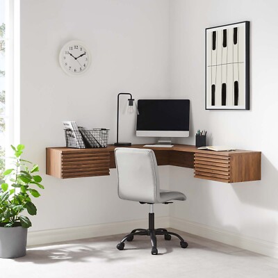 Modway Render 60'' Mid-Century Modern Wall-Mount Corner Office Desk in Walnut