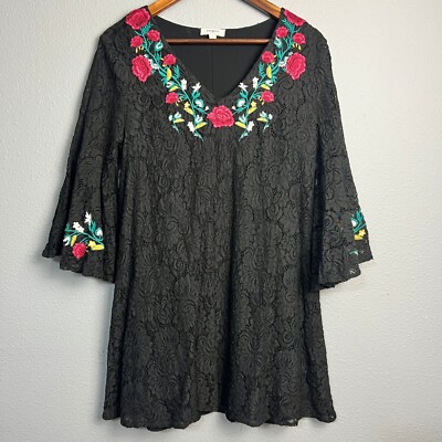 Umgee Embroidered Fairy Goth Lace Dress Floral Bell Sleeve Bohemian Black Size S