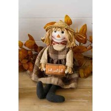 New Primitive Halloween Fall GIRL PLAID DRESS SCARECROW DOLL Sitting Figure 17"