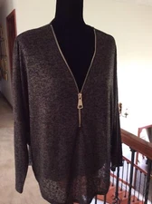 Women's Knit  1/2 Zip Top Jersey Pullover Top Batwing Dolman Sleeves Joan Vaas