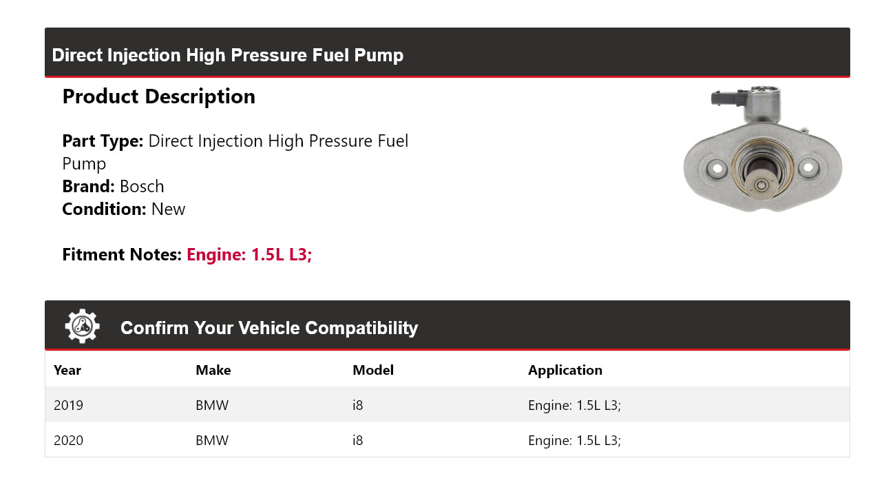 For 2019-2020 BMW i8 1.5L L3 Bosch Direct Injection High Pressure Fuel Pump