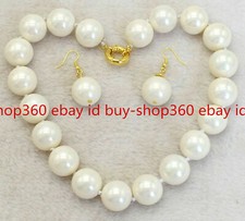 Rare Huge 20mm Natural White South Sea Shell Pearl Necklace Earrings Suit 18''