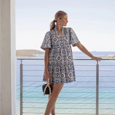 Tuckernuck 100% Cotton Blue Brown Floral Medallion Tiered Mini Dress Size XL