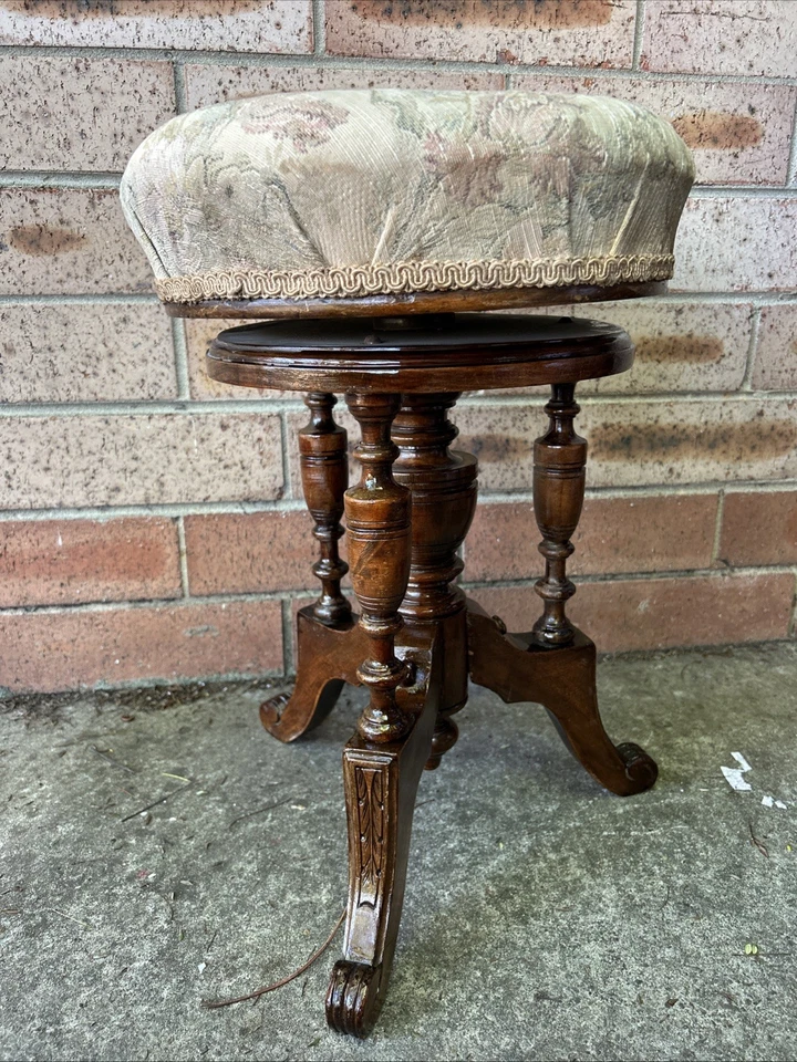 Victorian Mahogany Upholstered Carved Piano Stool Flute columns 3 Splayed Legs — 第 2/4 张图片