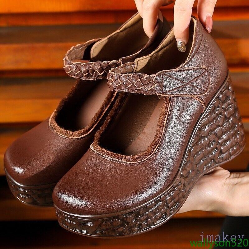 Retro Women's Leather Round Toe Platform Wedge Heels Shoes Casual Ladies Pumps