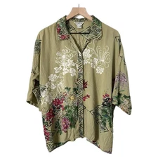 Citron 100% Silk Floral Print Button Down Blouse in Sage Green Size Medium