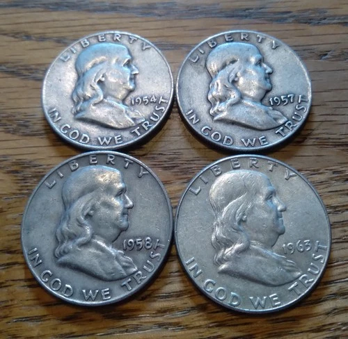 Lot of 4 Franklin Half Dollars --  1954, 1957, 1958 and 1963 -- 90% Silver