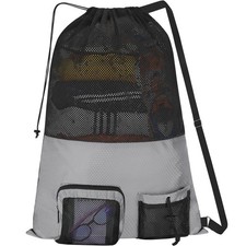 NATURAL STYLE Mesh Drawstring Gym Swim Beach bag, Large Large, Grey