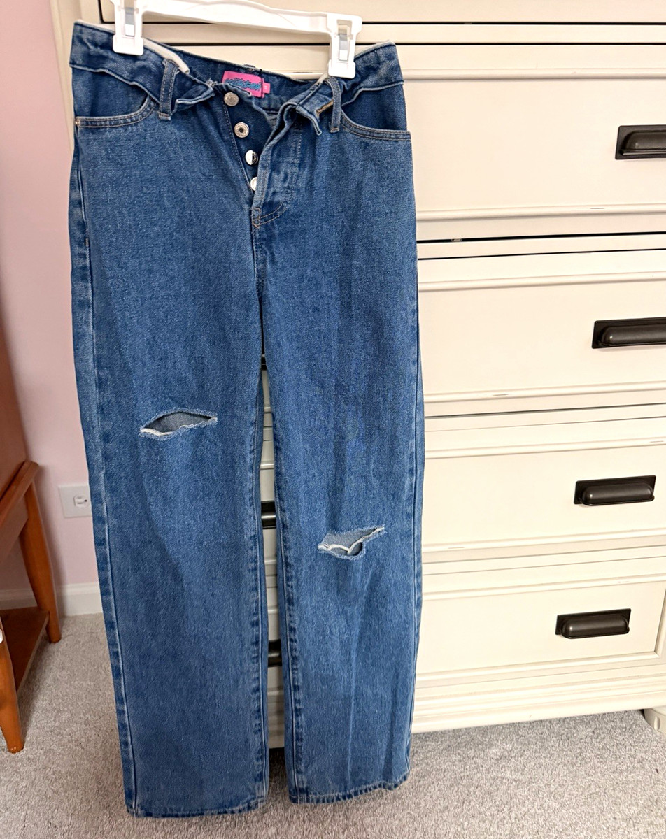 Edikted Women's Straight Leg Medium Wash Blue Denim Jeans, XS, Button Fly