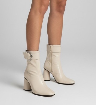 Cream White Leather Ankle Boots Buckle Accent Spain Designer Chic Minimalist 7.5