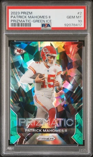 Patrick Mahomes II 2023 Panini Prizm Prizmatic #2 Green Ice PSA 10