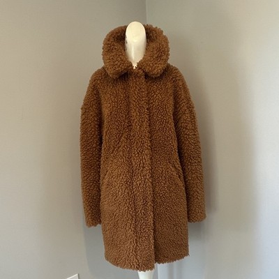 J.CREW Women's Brown Teddy Faux Fur Mid-Length Coat Long Sleeve Pockets M