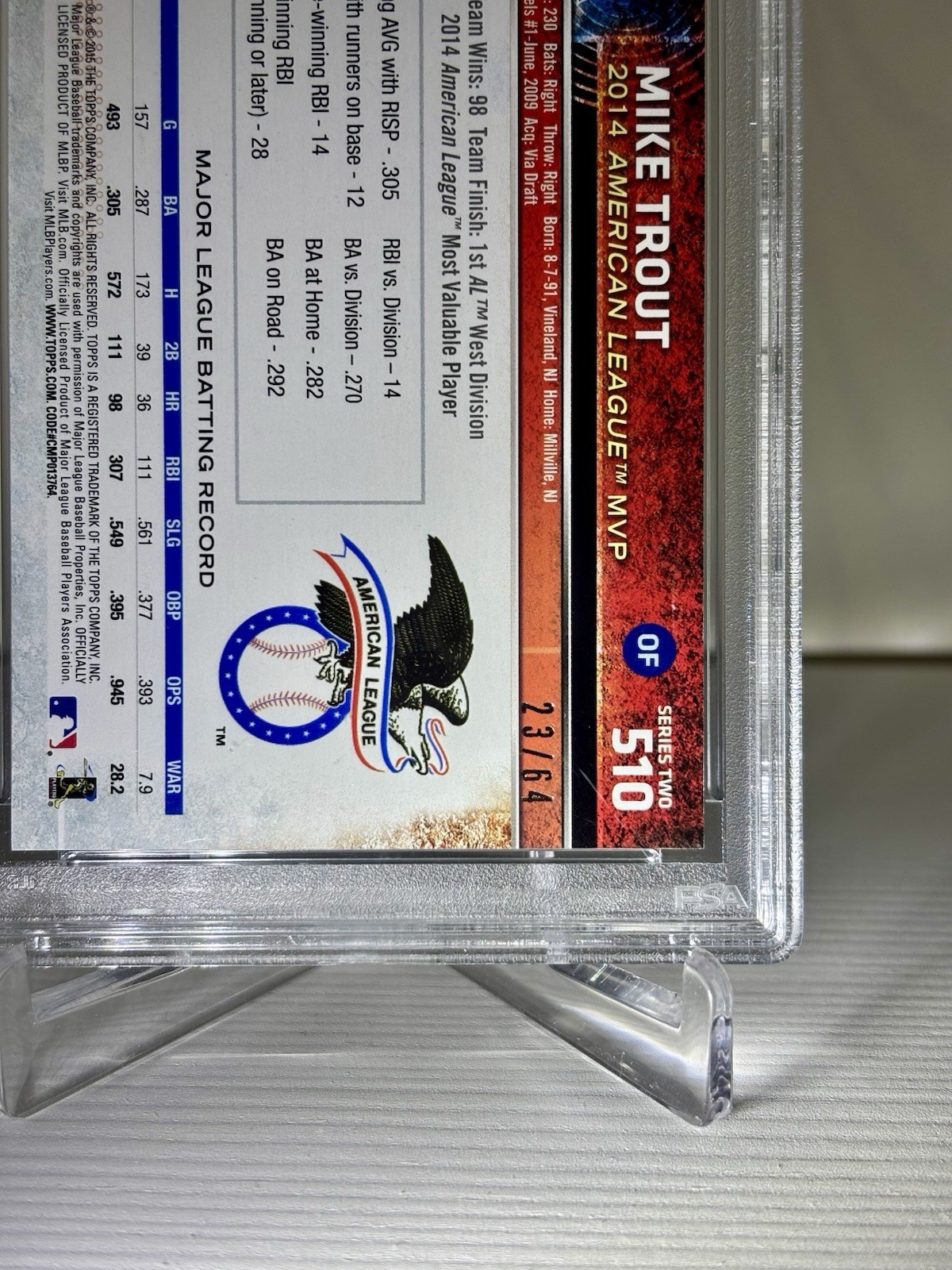 2015 Topps Mike Trout #510 Sliding — Black parallel /64 PSA 7 view 5