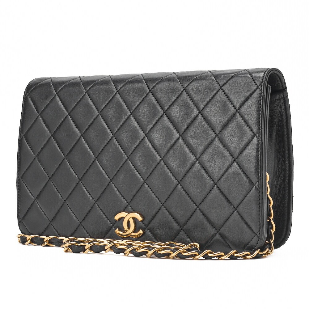 CHANEL Black Lambskin Matelasse Chain Shoulder Bag with Push Lock