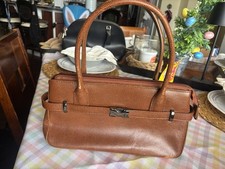 Satchel Top Handle Bag Brown Silver Hardware Pebbled Finish Latch Zip