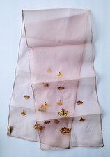 Superb Vintage Baar Beards Sheer Pink Silk Scarf Embroidered Crowns Pearls