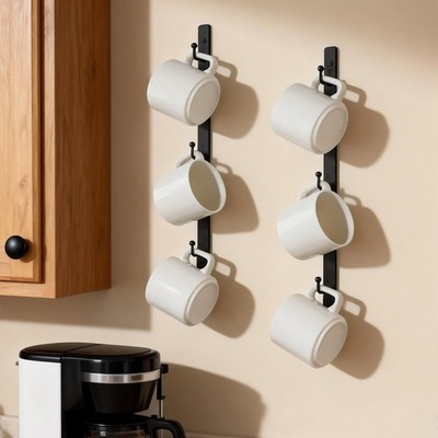 2 PCS Coffee Mug Rack Black Iron Cup Holder 6 Hooks Wall Mounted Shelf