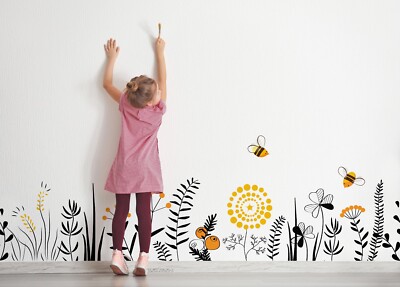 3D Flower Leaves Bee Hand Drawn Self-adhesive Removable Wallpaper Murals