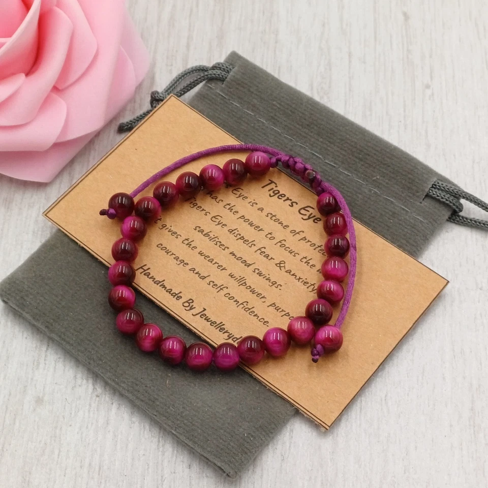 MAGENTA OJO DE TIGRE Pulsera Cordón Hecho a Mano + Bolsa de Regalo Piedras Preciosas Chakra 6/8mm Foto 4 de 4