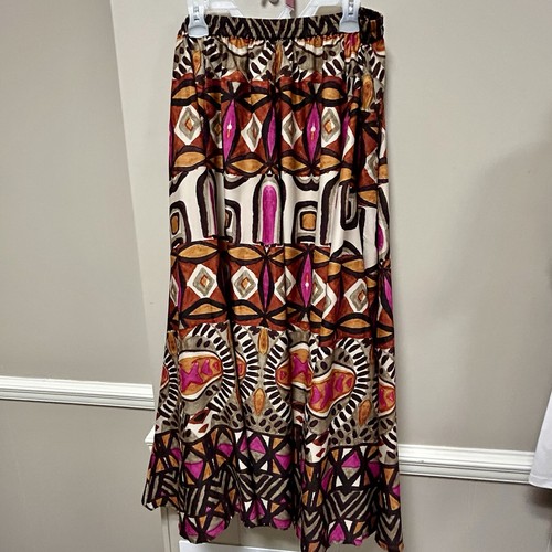 Cato Sz L Brown Black Pink & Ivory BOHO Maxi Full Skirt Pull On NWT