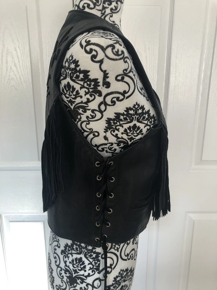 Kerr кожаный мотоциклетный жилет винтажный Concho бахрома границы цветочный цветок женщин L - Изображение 4 из 4