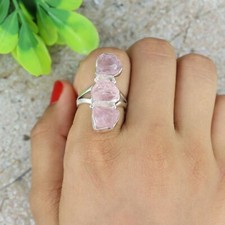 Raw Rose Quartz 925 Sterling Silver Three Stone Healing Crystal Cocktail Ring