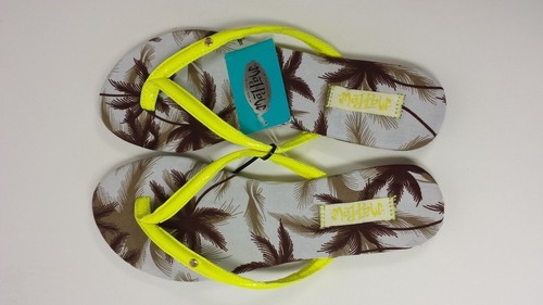Women's MadLove Flip Flops Yellow Brown Tropical Palm Tree Sandals Mad Love - Picture 2 of 3